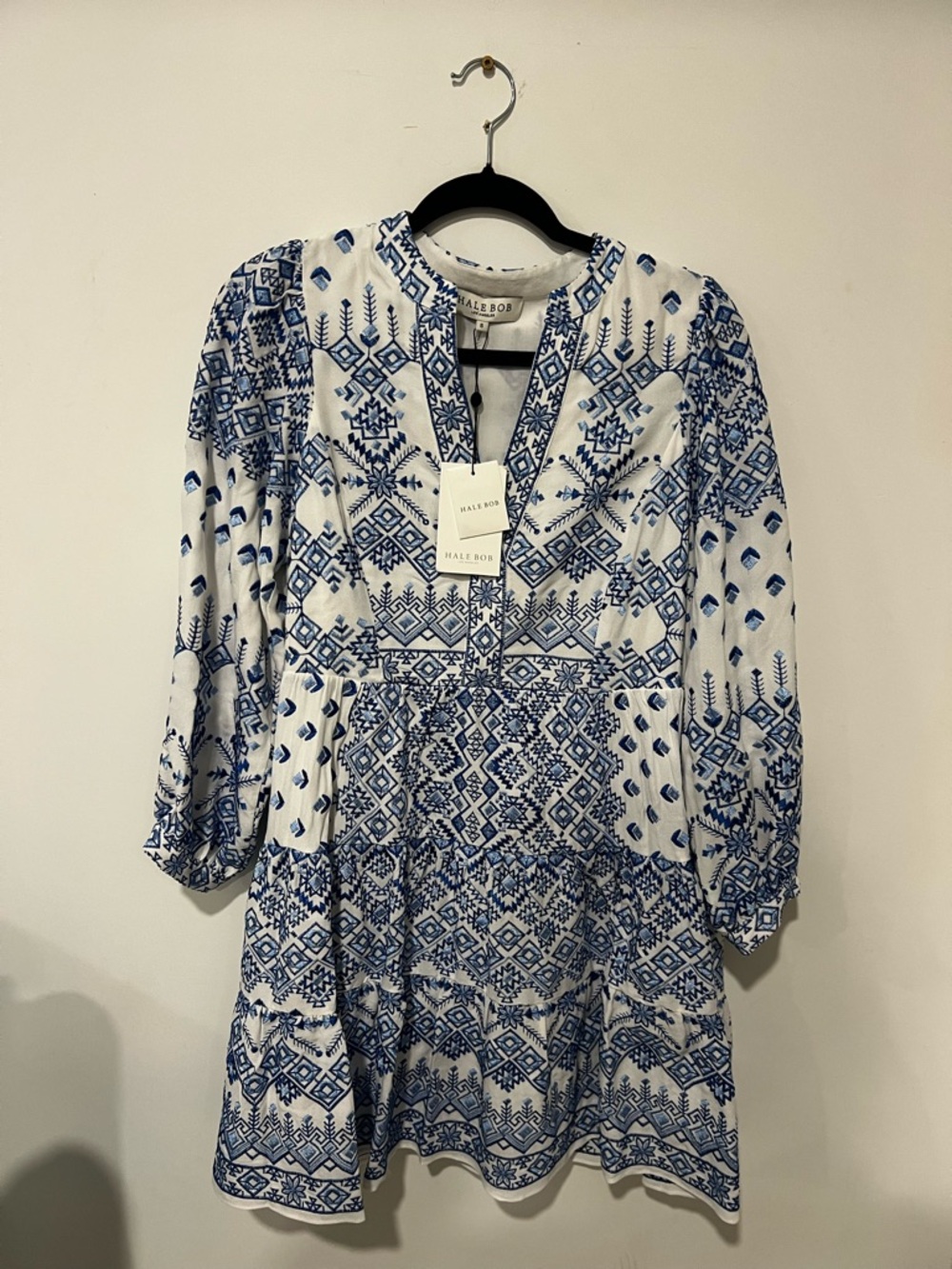 NWT Hale Bob White and Blue Long Sleeve Printed Dress